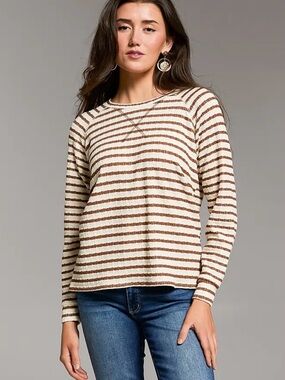 BKE Striped Long-Sleeve Crewneck Top in Cream and Brown